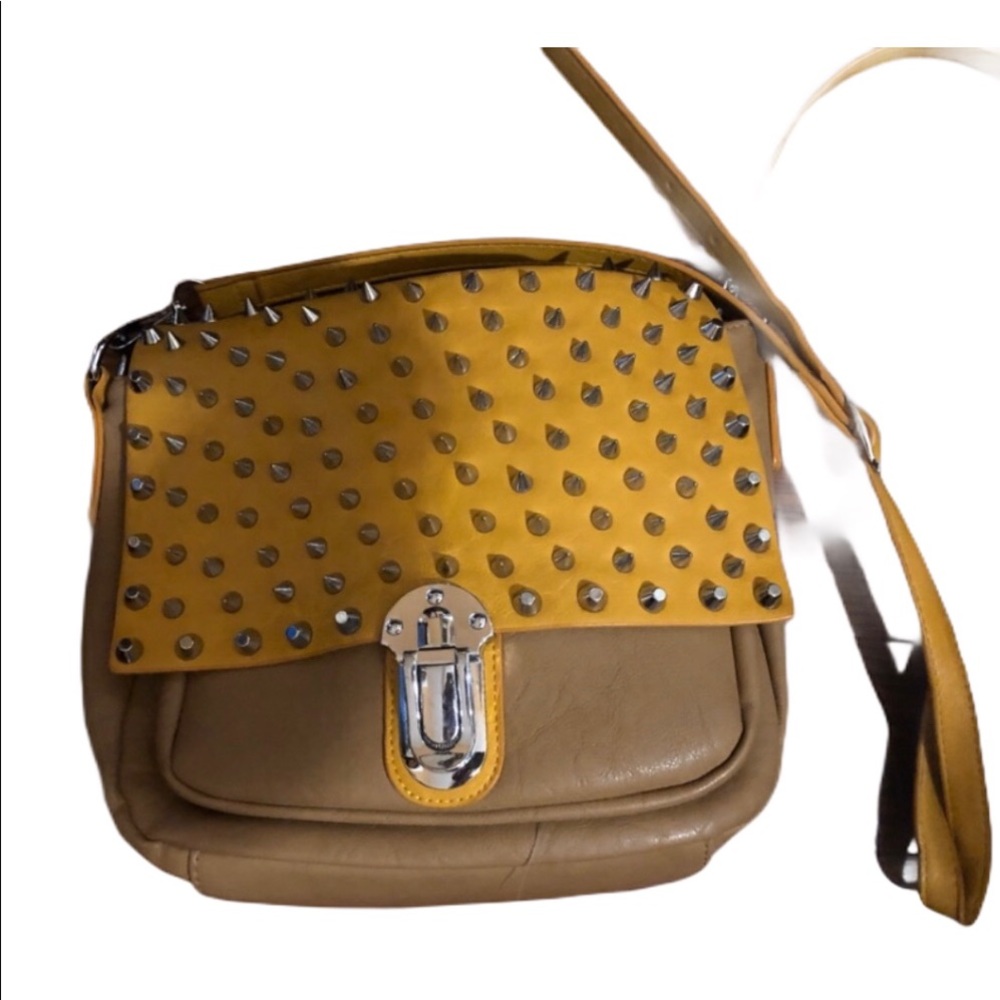 Studded Spike flap mustard tan crossbody bag